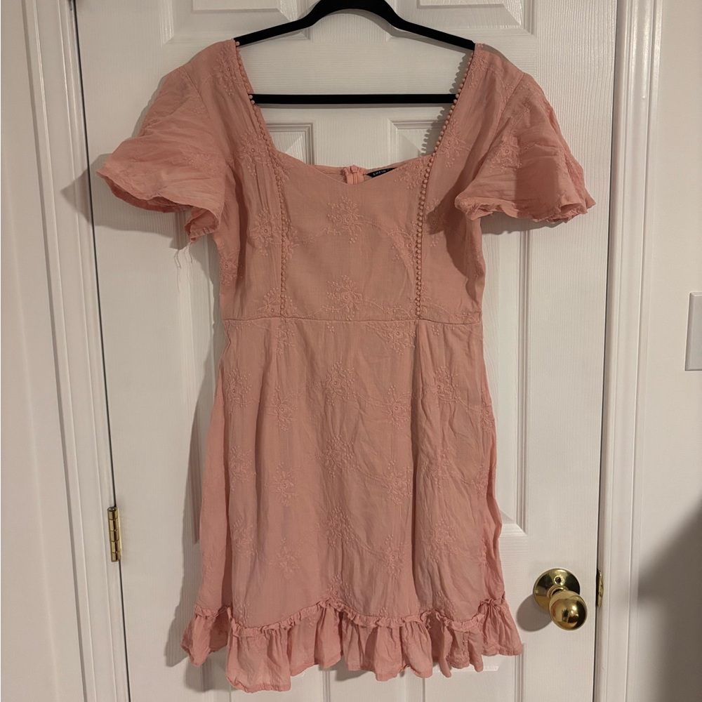 Shein cotton square neck embroidered pink dress - large